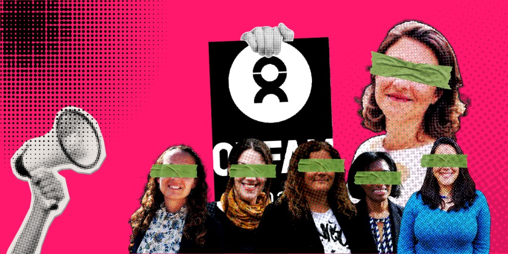 Oxfam Canada workers silenced with green tape next to the Oxfam logo and a megaphone